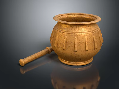 Golden Mortar And Pestle With Textured Exterior And Vertical Decorative Lines 3d model