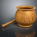 Golden Mortar And Pestle With Textured Exterior And Vertical Decorative Lines