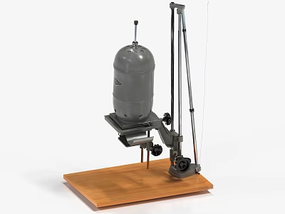 Industrial Equipment Model Featuring Gray Cylindrical Tank Metal Frame Wooden Base Metal Rods and Wheels 3d model