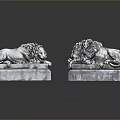 Pair of Classical Stone Lion Sculptures Reclining On Decorative Pedestals