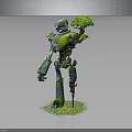 Mechanical Robot Standing With Small Green Tree On Shoulder And Grassland Base 3d model