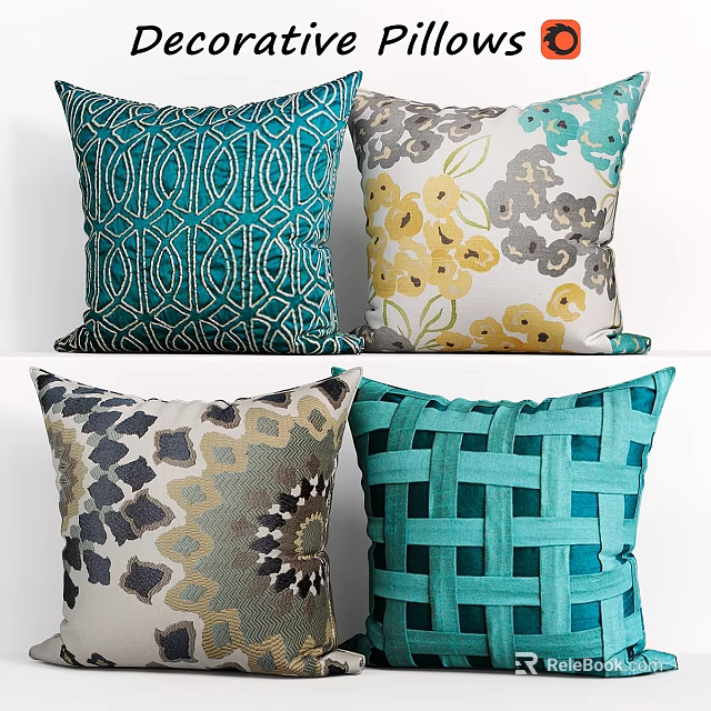Colorful Decorative Pillows With Teal Geometric Floral Abstract And Woven Patterns 3d model 