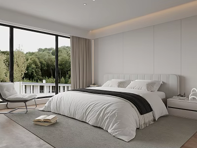 Modern Bedroom Interior With White Bedding Black Throw Blanket And Floor to Ceiling Windows 3d model