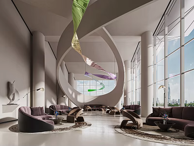 Modern Lounge Area With Curved Structure Sofa Sets Floor To Ceiling Windows And Colorful Decorations 3d model
