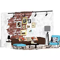 Stylish Sofa Coffee Table Set With Brick Wall Picture Frames And Floor Lamps 3d model