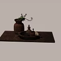 Hand Carved Terracotta Vase And Wooden Tray With Decorative Flowers And Candle