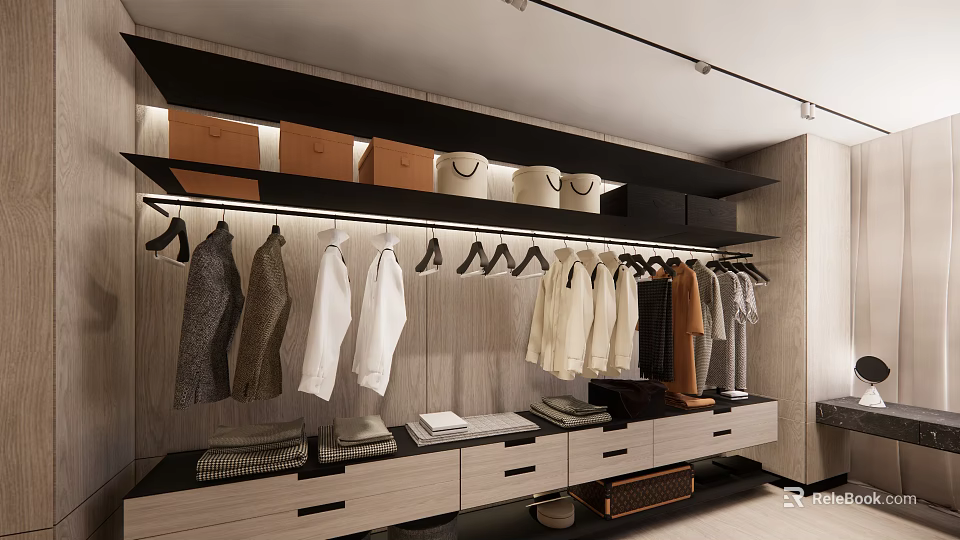 Modern Walk-in Closet Interior With Hanging Clothes Drawers And Storage Boxes 3d model 