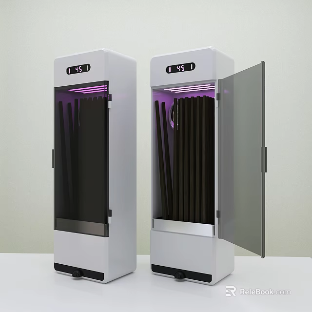 White Vertical Kitchen Appliances With Purple Light Open Door And Black Knives 3d model 
