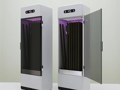 White Vertical Kitchen Appliances With Purple Light Open Door And Black Knives 3d model