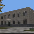 Modern Two Story Office Building With Beige Stone Exterior Black Windows And Surrounding Lawn