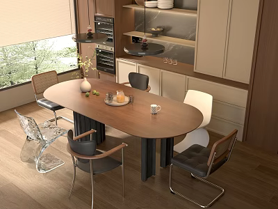 Modern Dining and Living Area Interior with Wooden Table Chairs Window Blinds and Kitchen Cabinets 3d model