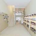 Shopping Mall Store Interior With Wooden Walls Shelves Staircase And Displayed Products