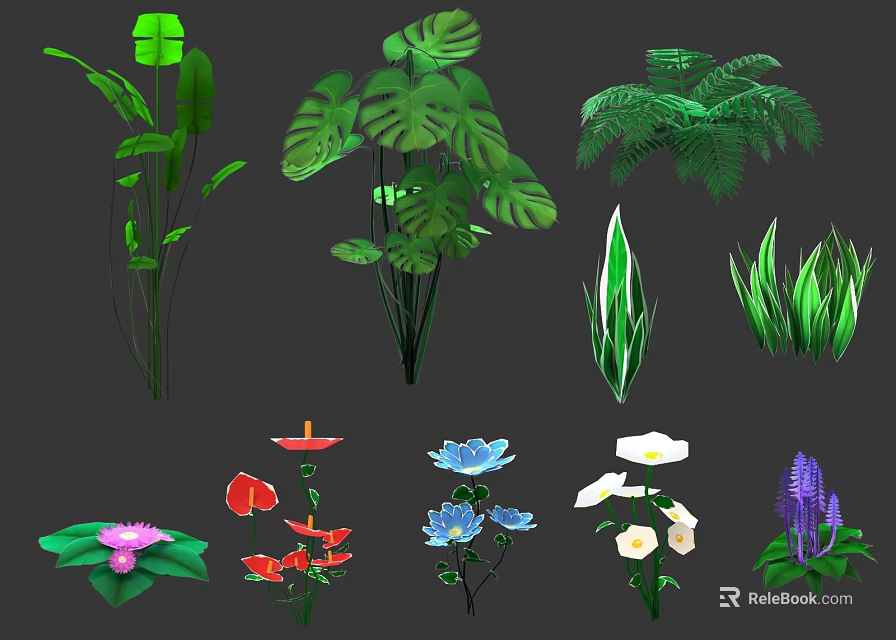 Various Green Foliage And Colorful Flowers With Tropical Leaves And Fern Plants 3d model 