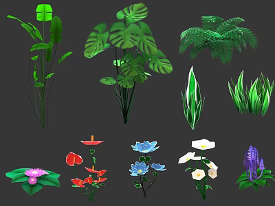 Various Green Foliage And Colorful Flowers With Tropical Leaves And Fern Plants 3d model