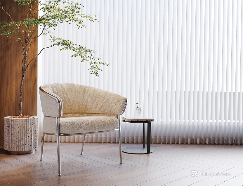Beige Knitted Leisure Chair With Metal Legs Small Round Table Plant White Blinds Wooden Floor 3d model 