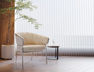 Beige Knitted Leisure Chair With Metal Legs Small Round Table Plant White Blinds Wooden Floor 3d model