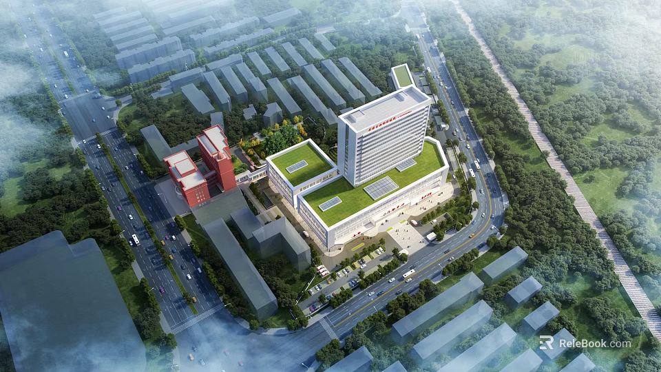 Modern Hospital Complex Aerial View With Green Roof Surrounding Roads And Trees 3d model 