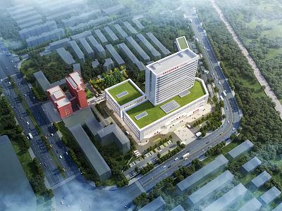 Modern Hospital Complex Aerial View With Green Roof Surrounding Roads And Trees 3d model