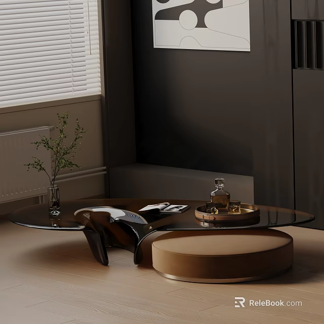 Elegant Modern Sofa Coffee Table Set With Glass Top Tray Plant And Magazines 3d model 