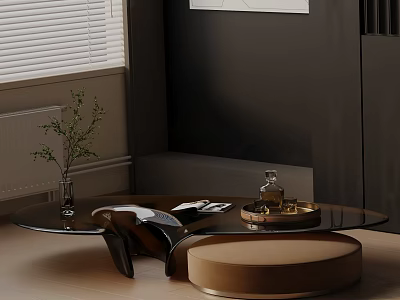 Elegant Modern Sofa Coffee Table Set With Glass Top Tray Plant And Magazines 3d model