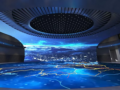 Modern Hall Interior With Circular Ceiling Starry Lights And Blue Floor Map Line Patterns 3d model