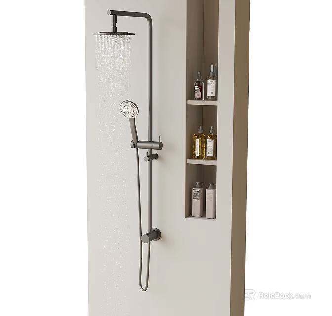 Sleek Shower System with Built-in Niche and Bottles of Toiletries in Modern Bathroom 3d model 
