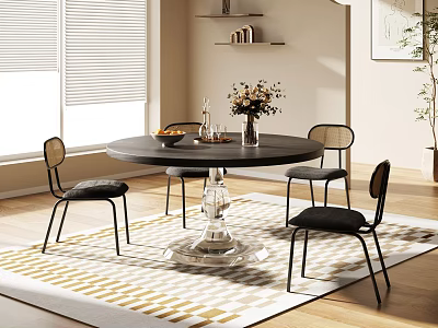 Modern Round Dining Set with Clear Glass Base and Four Black Chairs on Geometric Rug 3d model