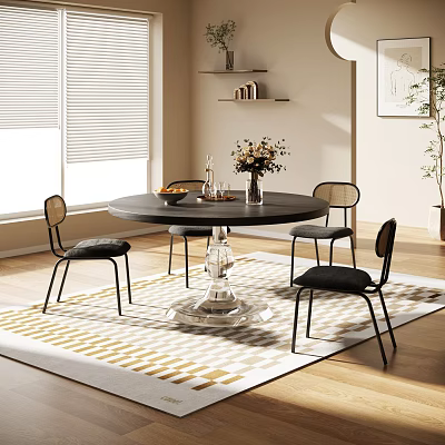 Modern Round Dining Set with Clear Glass Base and Four Black Chairs on Geometric Rug 3d model