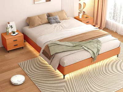Modern Double Bed with Pillows Nightstands LED Lights and Wooden Floor Rug 3d model
