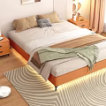 Modern Double Bed with Pillows Nightstands LED Lights and Wooden Floor Rug