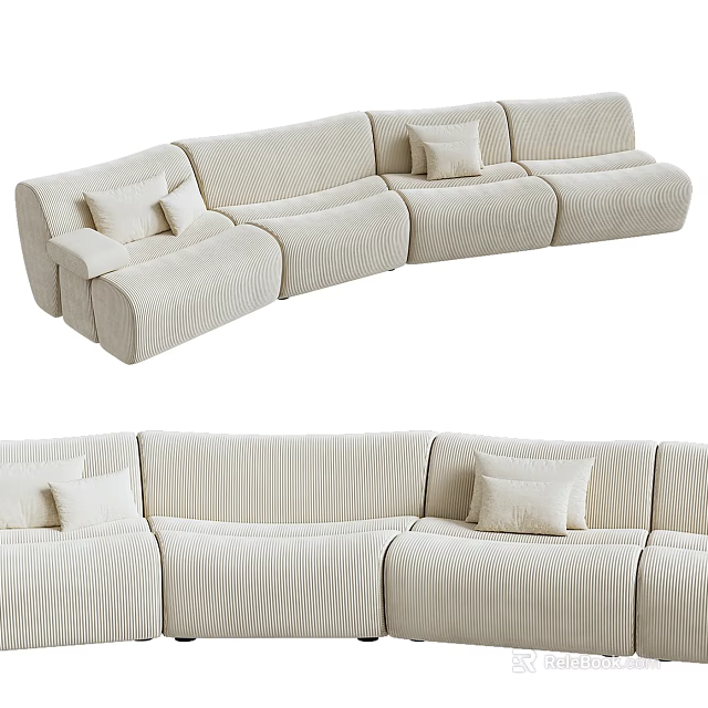 Modular Beige Sofa With Ribbed Texture And Decorative Cushions For Living Room 3d model 