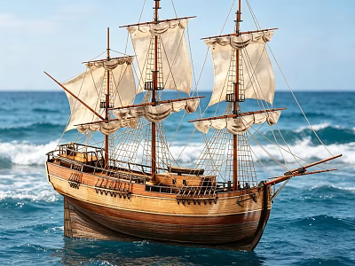 Wooden Sailing Ship With Multiple White Sails Sailing On Blue Ocean Waves 3d model