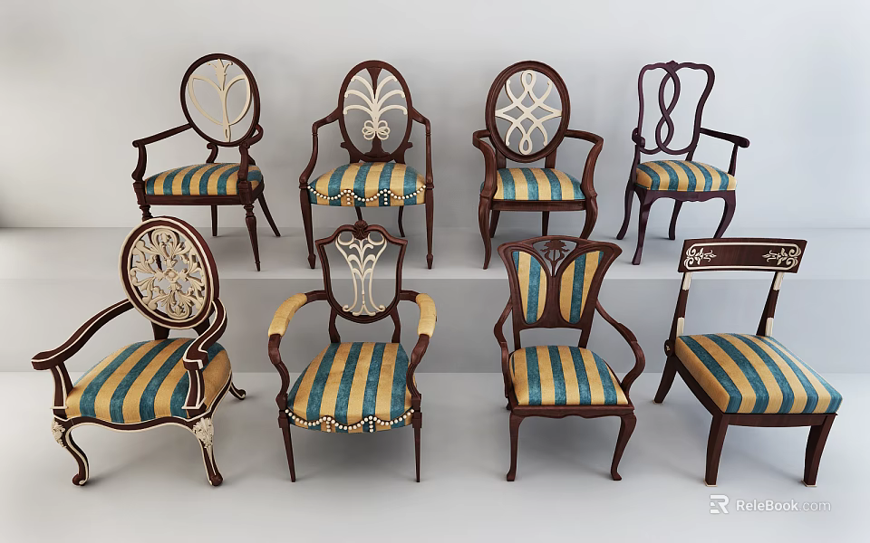 Vintage Style Armchairs Collection With Striped Upholstery And Decorative Wooden Frames 3d model 