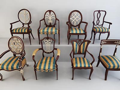 Vintage Style Armchairs Collection With Striped Upholstery And Decorative Wooden Frames 3d model