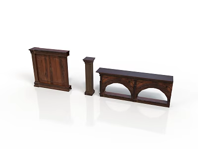 Classic Dark Brown Wooden Furniture Including Cabinet Pedestal And Arch Bench 3d model