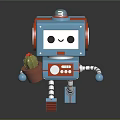 Blue Square Robot With Red Accents Holding Potted Cactus And Smiling