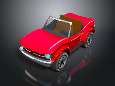 Red Convertible Car With Brown Soft Top And Black Wheels In Cartoon Style 3d model