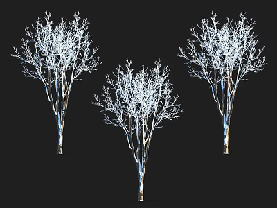 Three Tall Stylized Bare Trees With White Branches Against Black Background 3d model