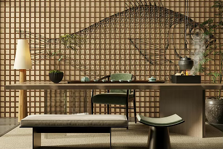 New Chinese Zen Tea Room Tea Tasting Area Tea Table and Chair Combination Club Tea Room Song Style Aesthetics Tea Room Tea House Tea Room Background Wall Tea Set Teapot 3d model