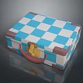 Decorative Vintage Box With Blue White Checkered Pattern Brown Edges Red Handle and Golden Lock