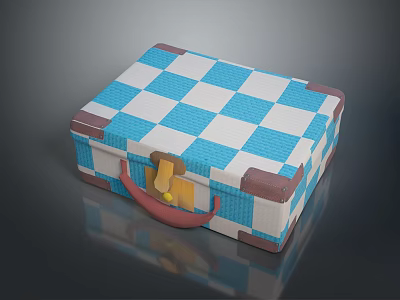 Decorative Vintage Box With Blue White Checkered Pattern Brown Edges Red Handle and Golden Lock 3d model