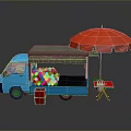 Blue Food Truck With Red Umbrella Green Beverage Bottles Small Table And Drink Cans