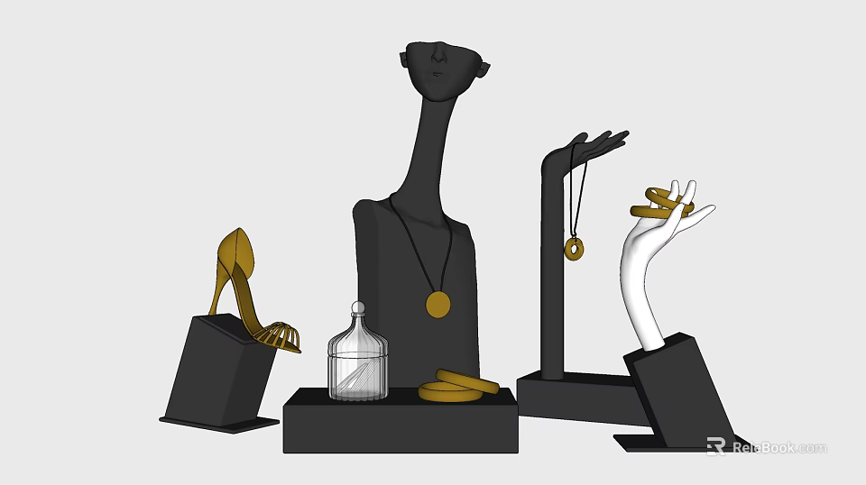 Luxury Gold Jewelry Display With Necklace On Mannequin Hand And Stand 3d model 