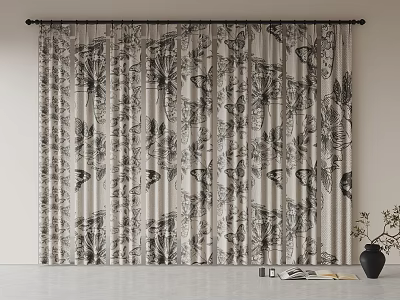 Modern Black And White Curtain With Butterfly And Floral Pattern Design 3d model