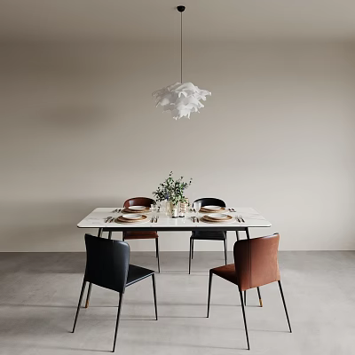 Minimalist Dining Table Set With White Top Black Brown Chairs Hanging Pendant Light And Flower Decor 3d model