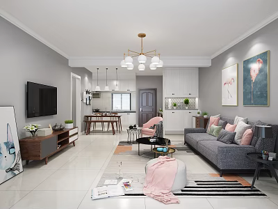 Modern Living And Dining Room Interior With Gray Sofa Pink Pillows Paintings And Chandelier 3d model
