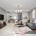 Modern Living And Dining Room Interior With Gray Sofa Pink Pillows Paintings And Chandelier