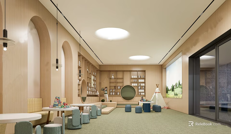 Sales Office Kids Activity Area With Wooden Decor Round Window Bookshelves And Green Carpet 3d model 