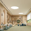 Sales Office Kids Activity Area With Wooden Decor Round Window Bookshelves And Green Carpet