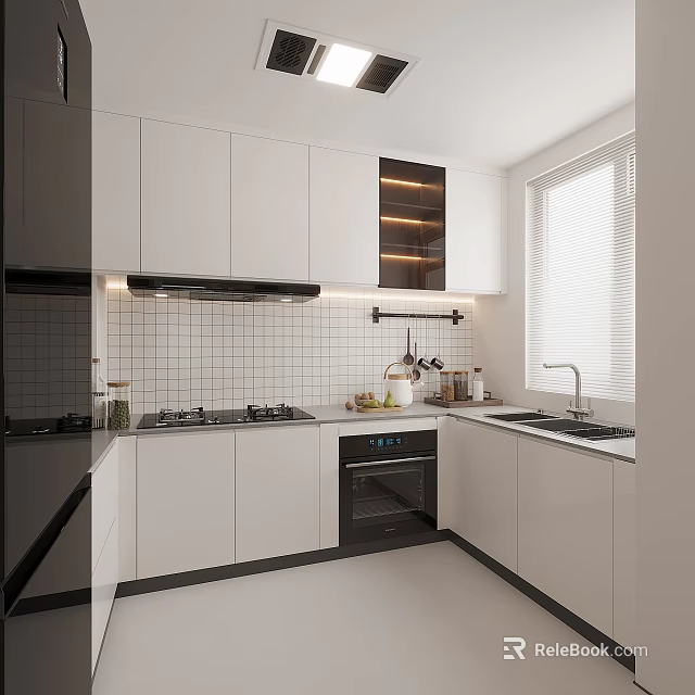Modern Kitchen Interior With White Cabinets Black Appliances Tile Backsplash And Window Blinds 3d model
